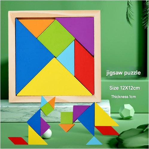 Close-up of colourful magnetic tangram pieces