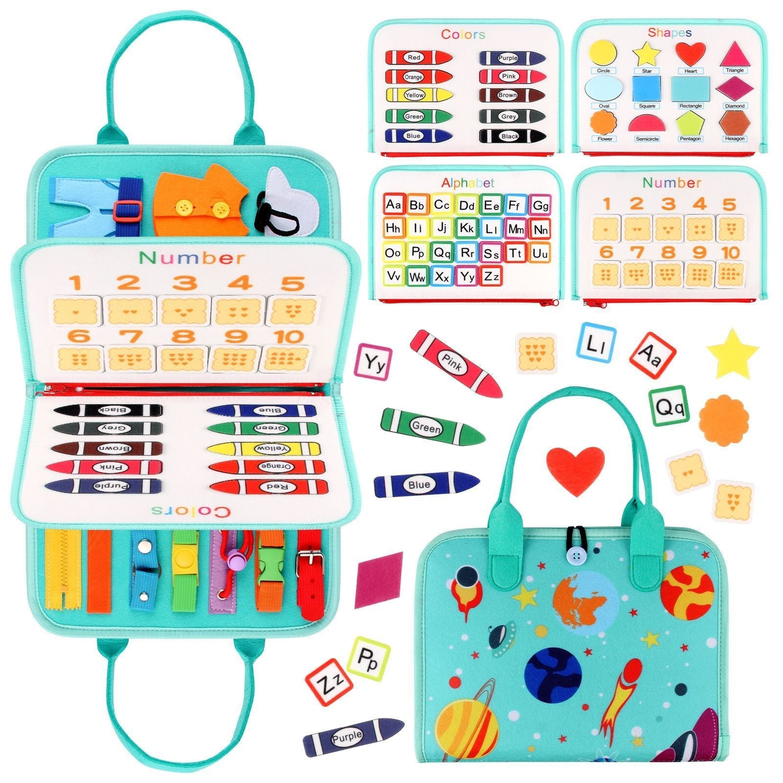 Kids' busy board with interactive features
