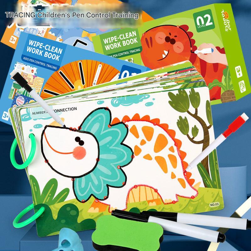 Close-up of writing exercises with educational toy
