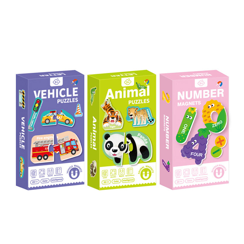Brightly coloured magnetic puzzle pieces layout