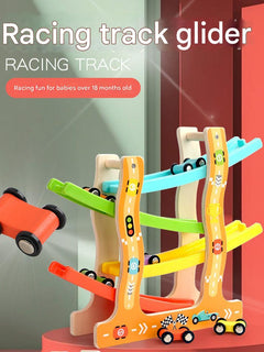 Multi-Level Wooden Race Track with Cars Image 1