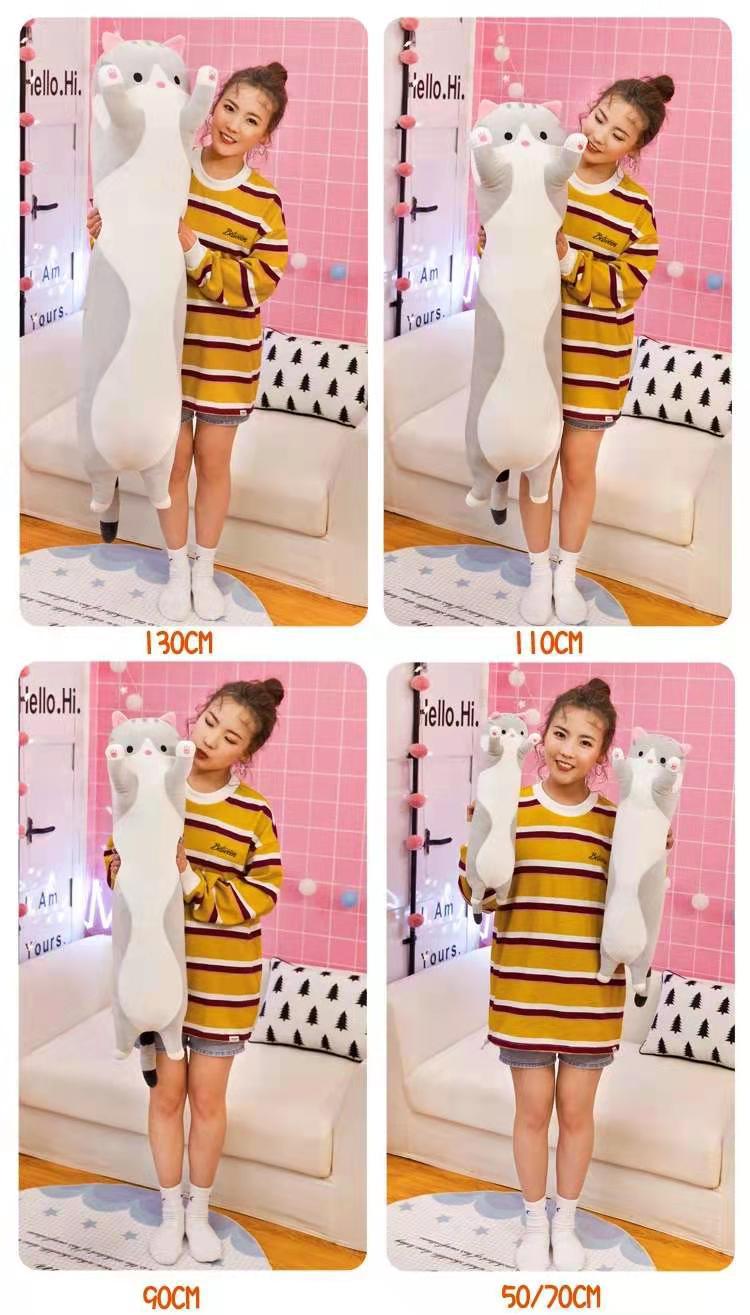 Cuddly long cat plush pillow toy front view