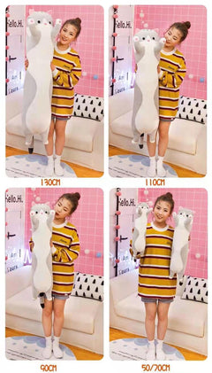 Cuddly long cat plush pillow toy front view