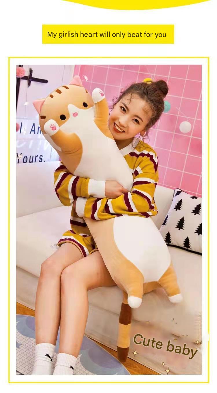 Large cuddly cat plush pillow side view