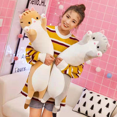 Large cuddly cat plush pillow side view