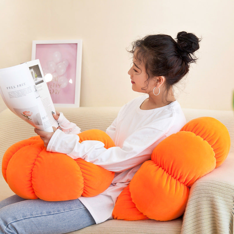 Soft plush pumpkin cushion side view