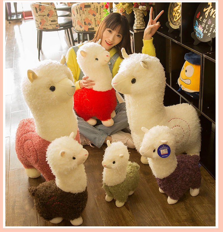 Fluffy alpaca toy in a decorative setup