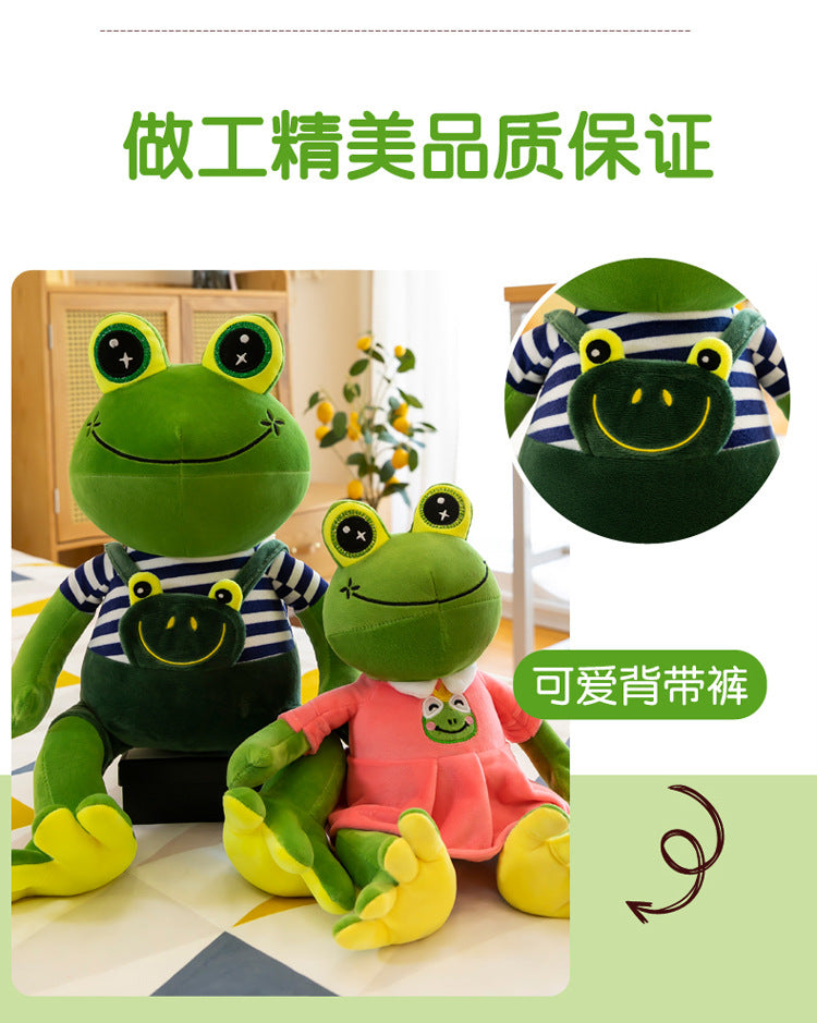 Cheerful frog plush toy in playful position