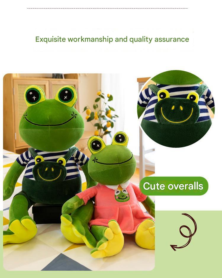 Adorable green frog plush toy on soft surface
