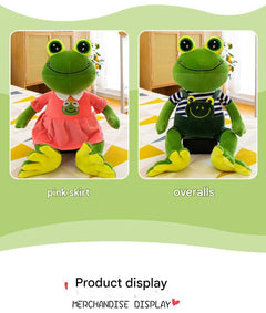 Vibrant green stuffed frog model displayed