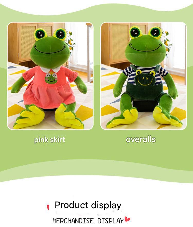 Vibrant green stuffed frog model displayed