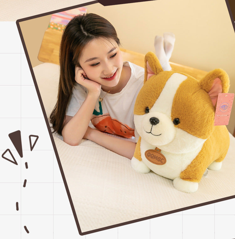 Soft plush toy featuring a smiling Corgi