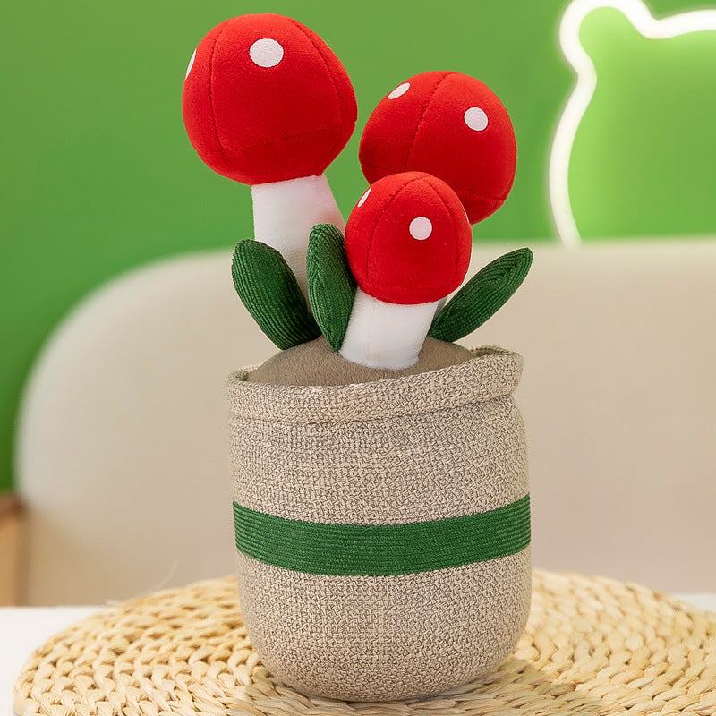 Whimsical plush mushroom toy on shelf