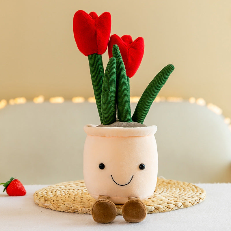 Close up of faux succulent with plush mushroom ornament