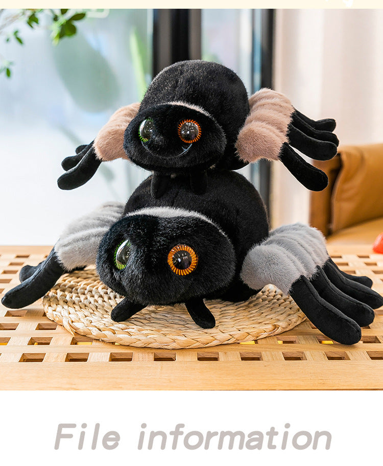 Lifelike plush spider on display