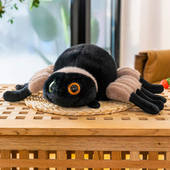 Plush spider toy surrounded by fun props