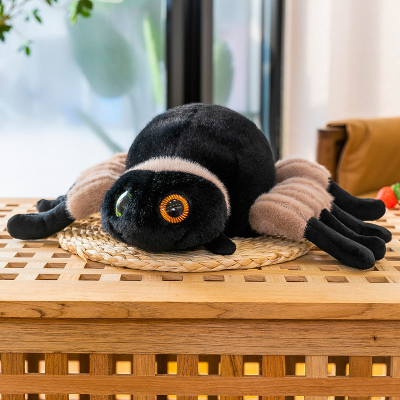 Plush spider toy surrounded by fun props