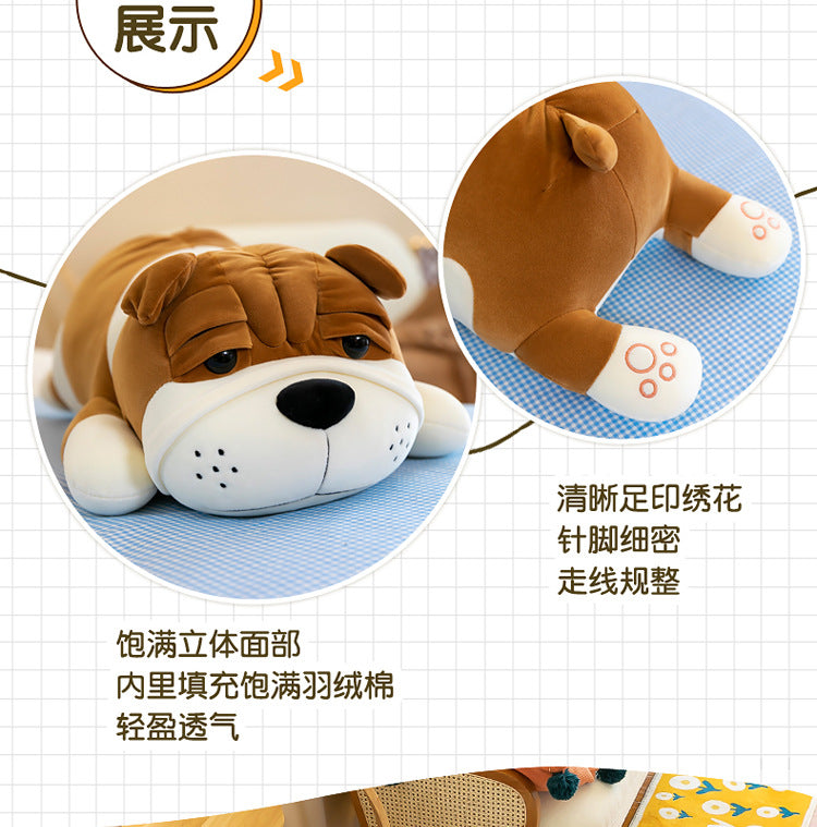 Cuddly Shar-Pei plush toy pillow on bed