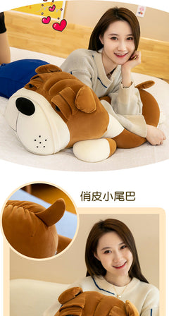 Cuddly Shar-Pei plush toy pillow in home setting