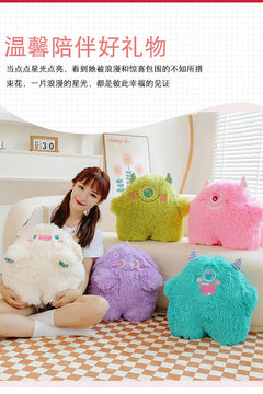 Cute monster plush pillow showing soft texture and charm