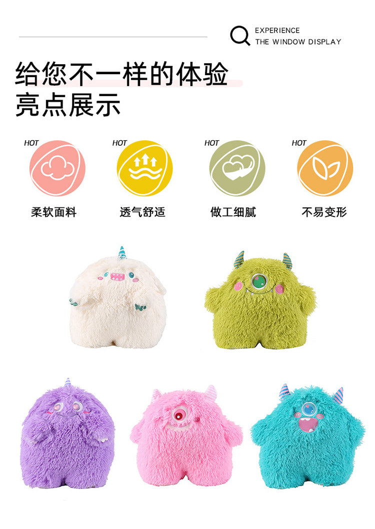 Adorable monster plush pillow on a bed showcasing its design