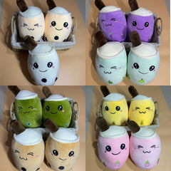 Colourful cartoon fruit plush toys arranged