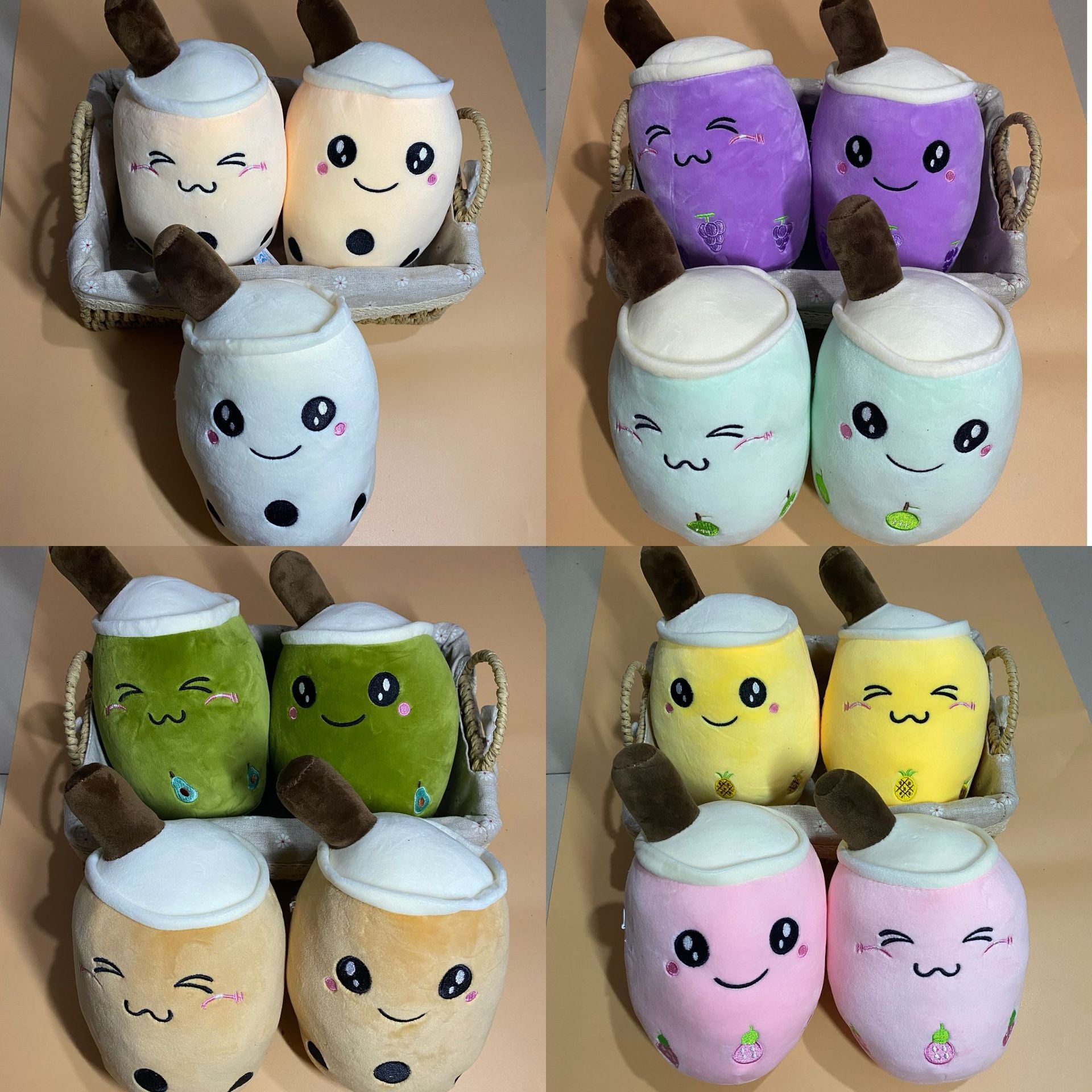Colourful cartoon fruit plush toys arranged
