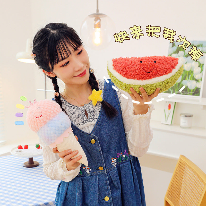 Kids hugging plush fruit dolls