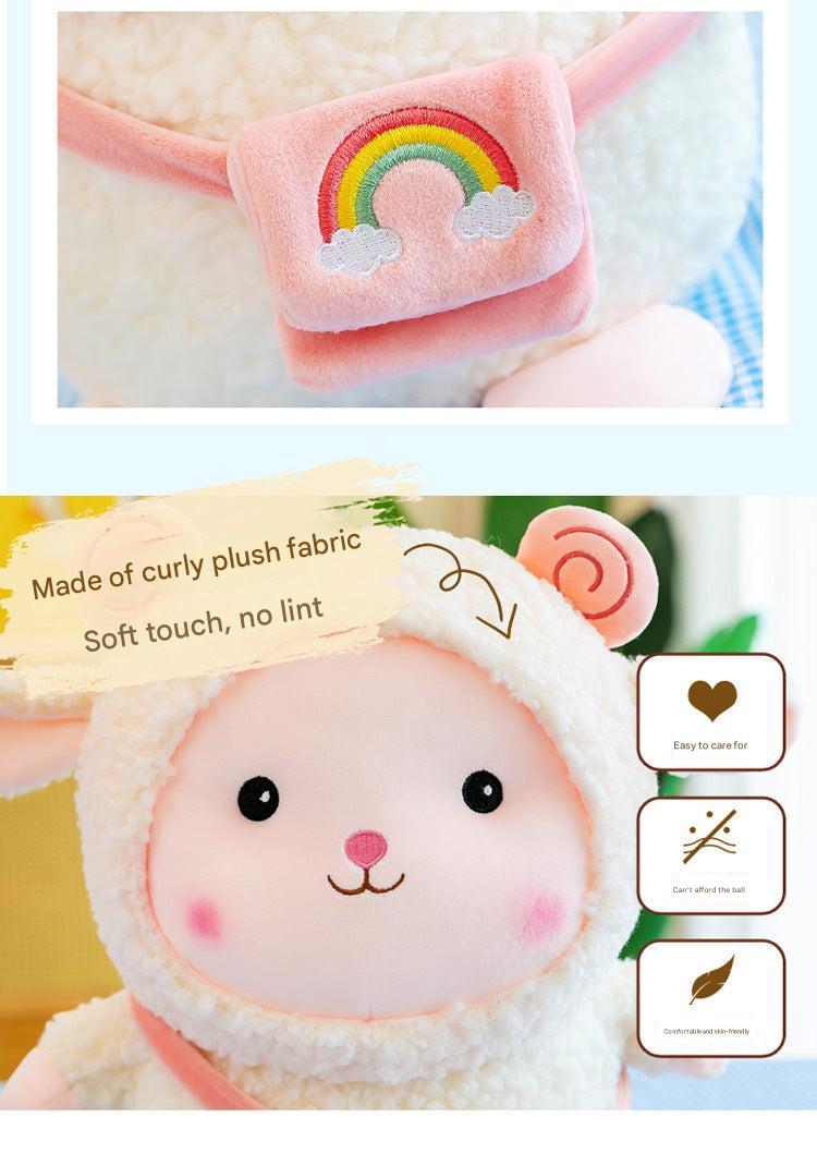 Cuddly rainbow sheep plush toy in pink and white