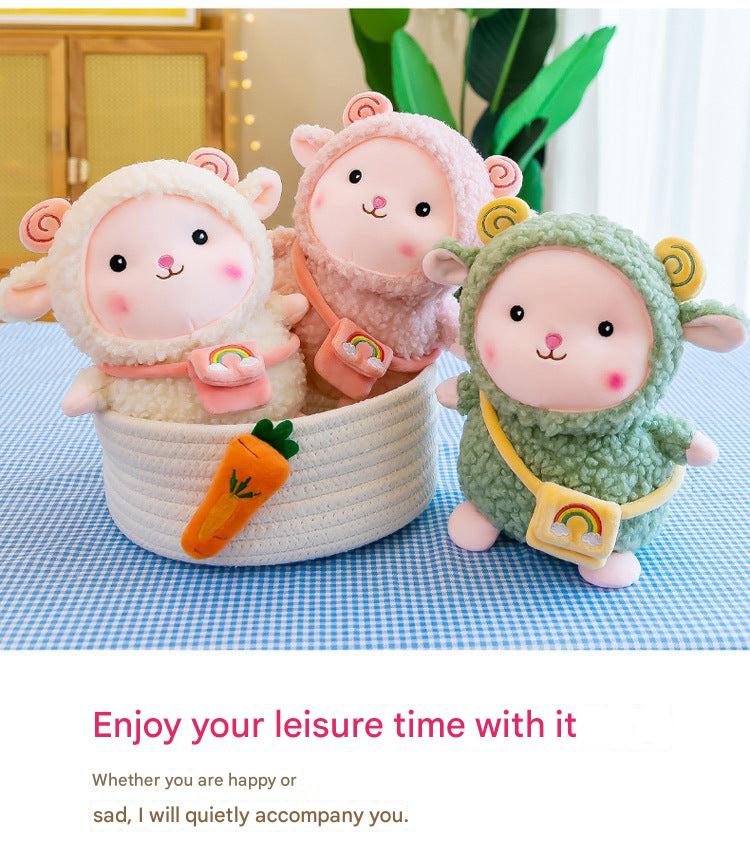 Close-up of soft stuffed rainbow sheep plush