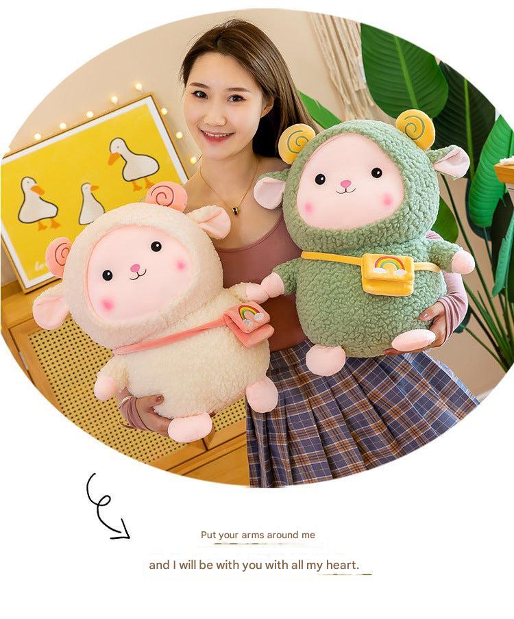 Cuddly rainbow sheep plush toy in pink and white