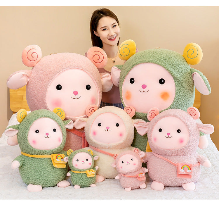 Girl hugging a cuddly rainbow sheep toy