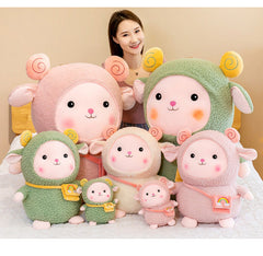 Girl hugging a cuddly rainbow sheep toy