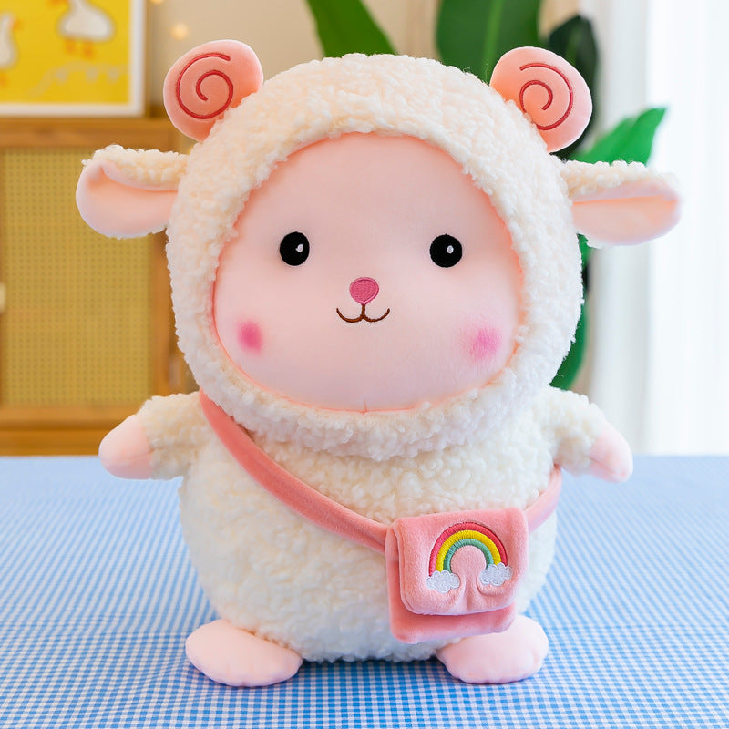 Cute rainbow sheep plush toy on white bedding