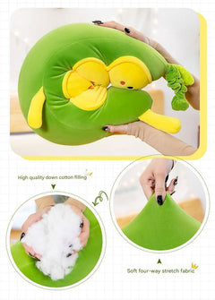 smiling plush caterpillar on display