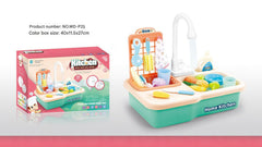 Child playing with pretend play kitchen set