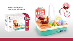 Child playing with pretend play kitchen set