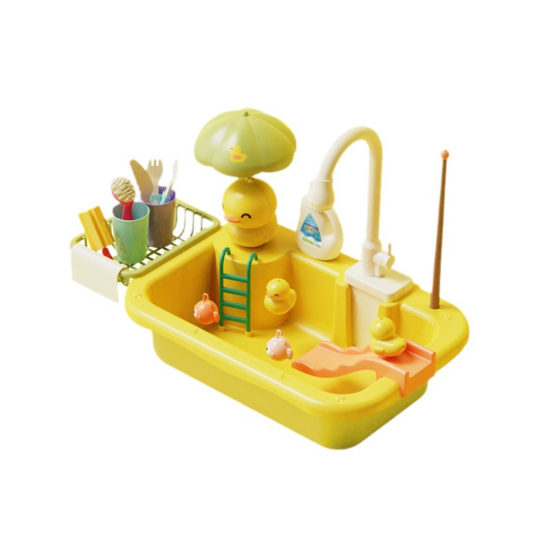 Child playing with pretend play kitchen set