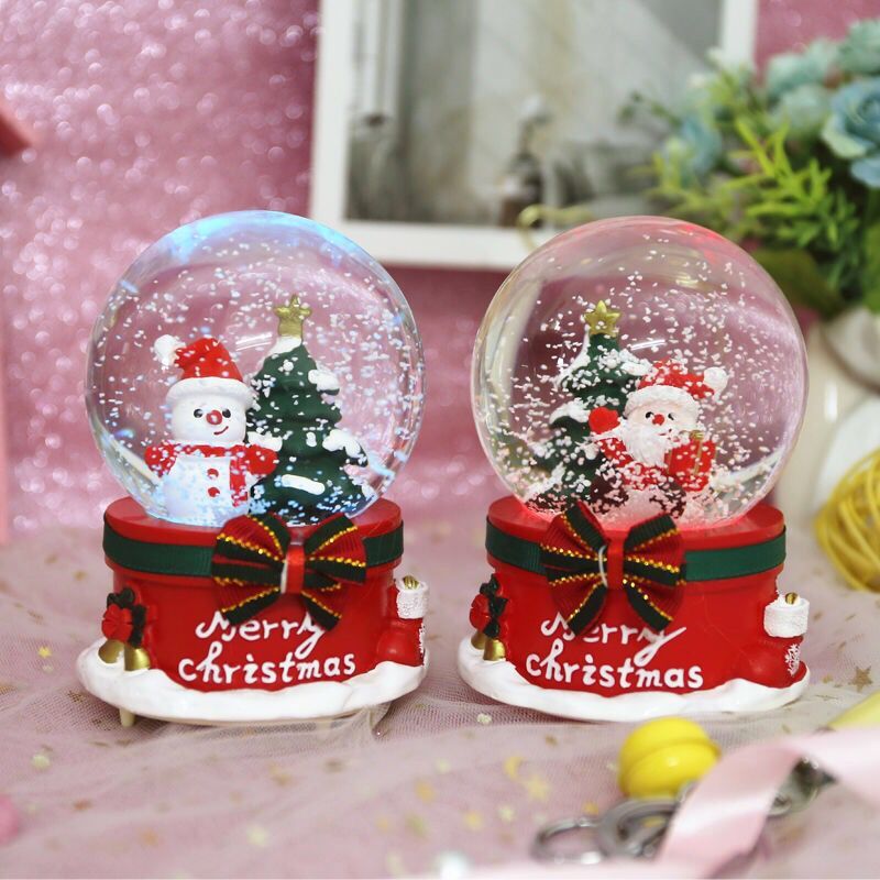 Festive scene within snow globe featuring snowman