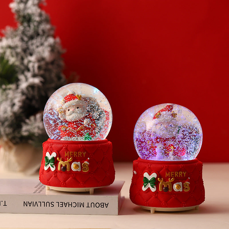 Festive scene within snow globe featuring snowman