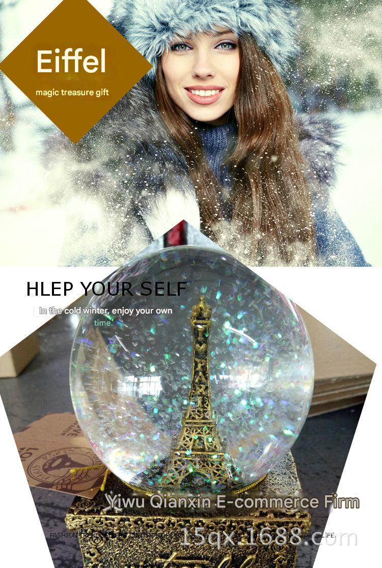 illuminated vintage music box with crystal ball