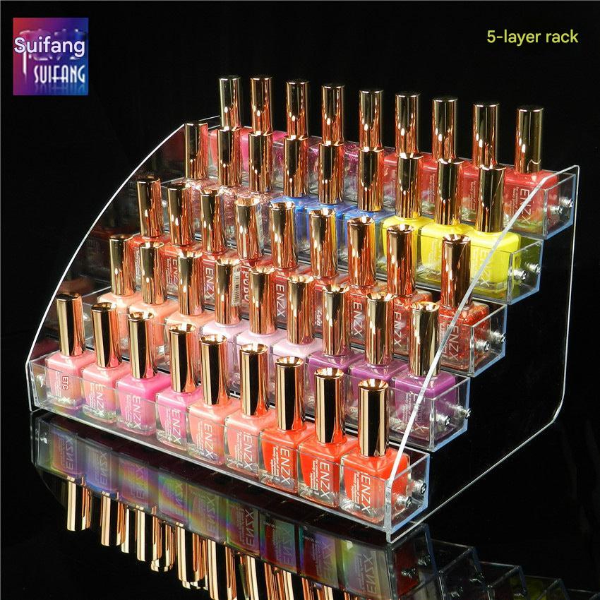 Acrylic multi-tier cosmetic organizer stand showing nail polish