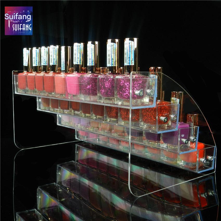 Top view of multi-tier lipstick holder displaying various cosmetics