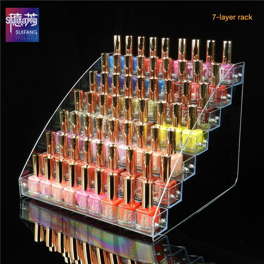 Detailed view of stair-step design acrylic makeup organizer