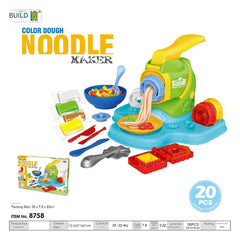 Child playing with colourful dough molds and noodle machine