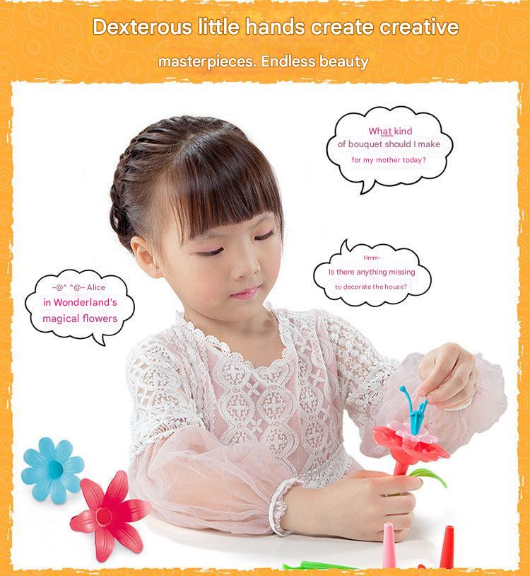 child assembling plastic garden blocks