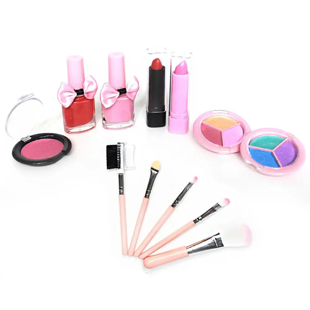 Child applying colourful makeup from kit