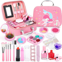 Child applying colourful makeup from kit