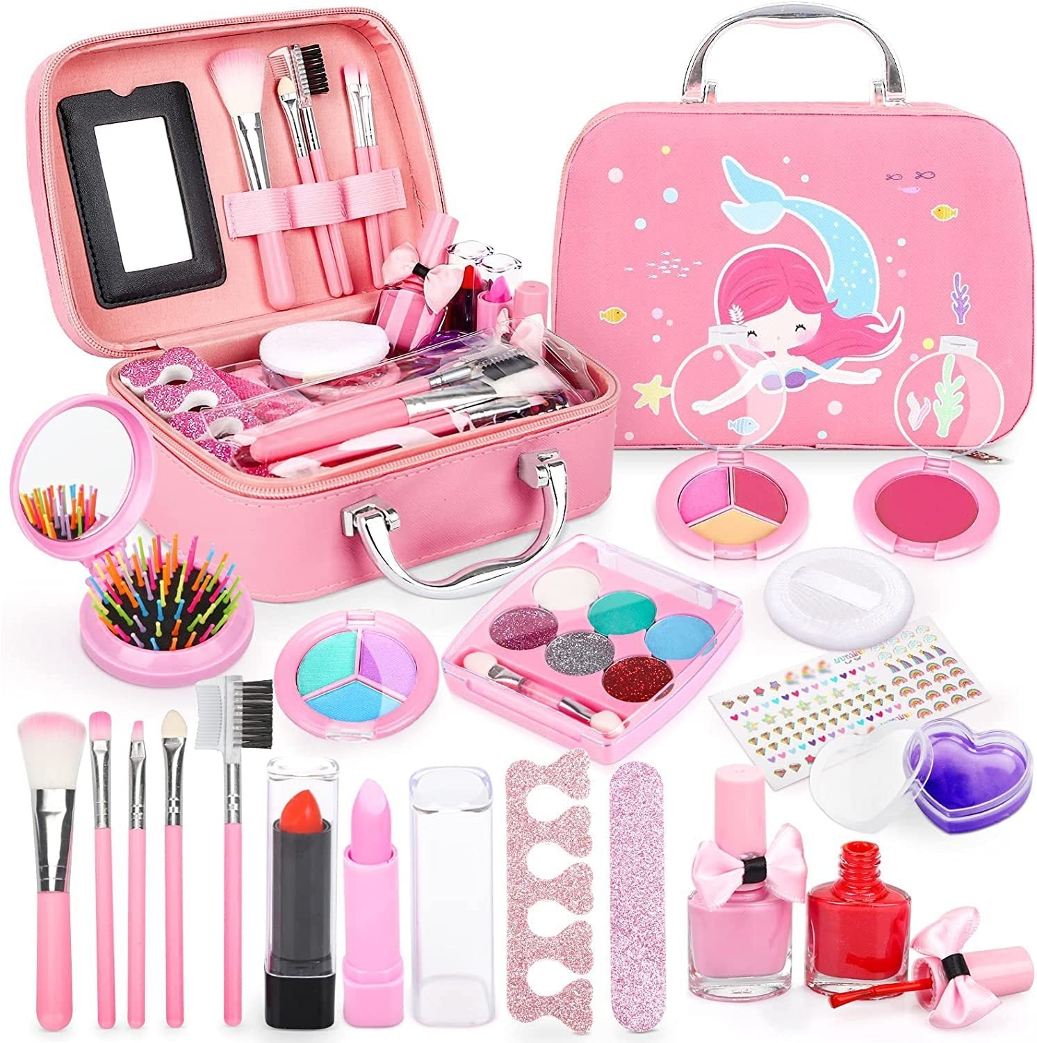 Child applying colourful makeup from kit