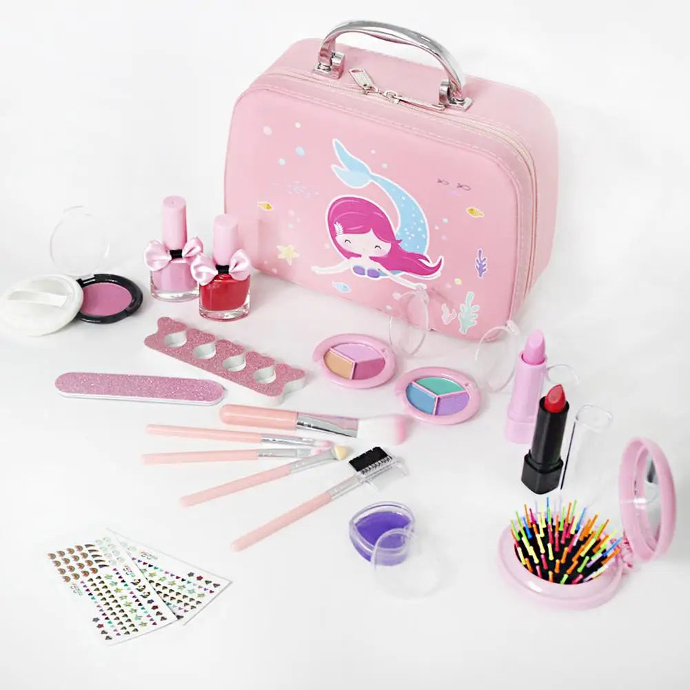 Interactive mermaid-themed makeup set laid out